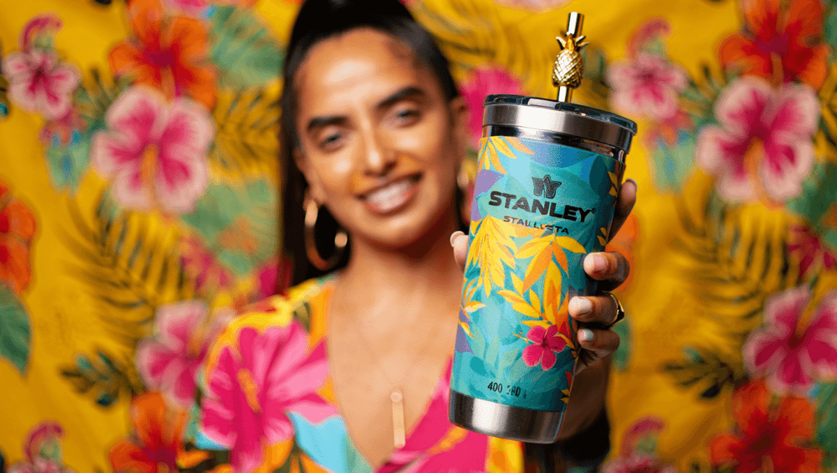 Stanley Karol G Tropicoqueta tumblers drop today, $65 with gold pineapple straw