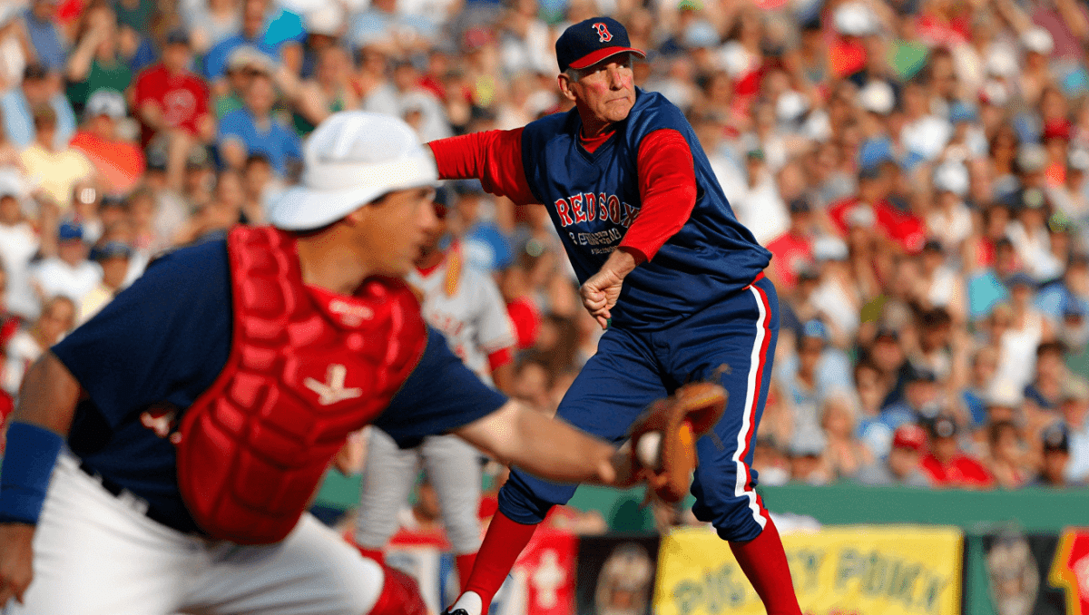 Roger Clemens throws first pitch at WooSox Opening Day with Rich Gedman
