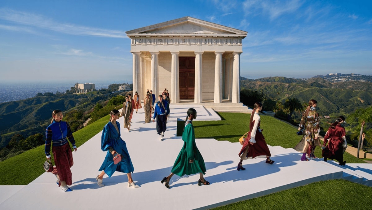 A model walks the runway during The Second Chapter of Hermes Women's Ready-to-Wear Fall-Winter 2026 fashion show at Hotel Bel-Air in Los Angeles on June 4, 2026.