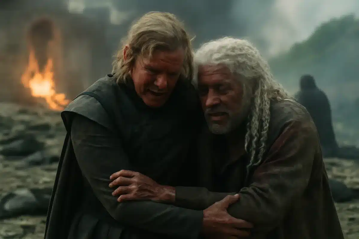 Daemon and Corlys slip away — Lord Corlys Velaryon, held and mutilated as proof of life, is rescued during the bloodshed. Daemon narrowly survives a near-fatal blow from dragon flames and, shaken and near collapse, is pulled to safety by the
