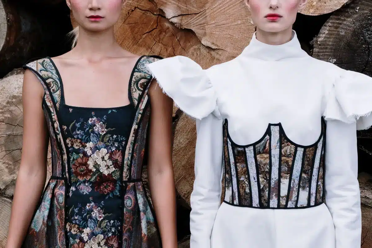 Fashion runway model wearing contemporary clothing inspired by vintage stage style
