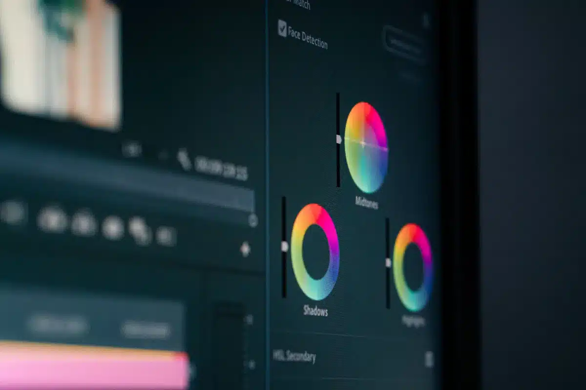 Close-up of a video editing interface showing color grading and post-production adjustments