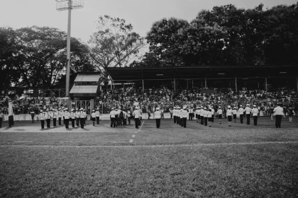 Marching band ensemble performing in formation on a field with brass instruments