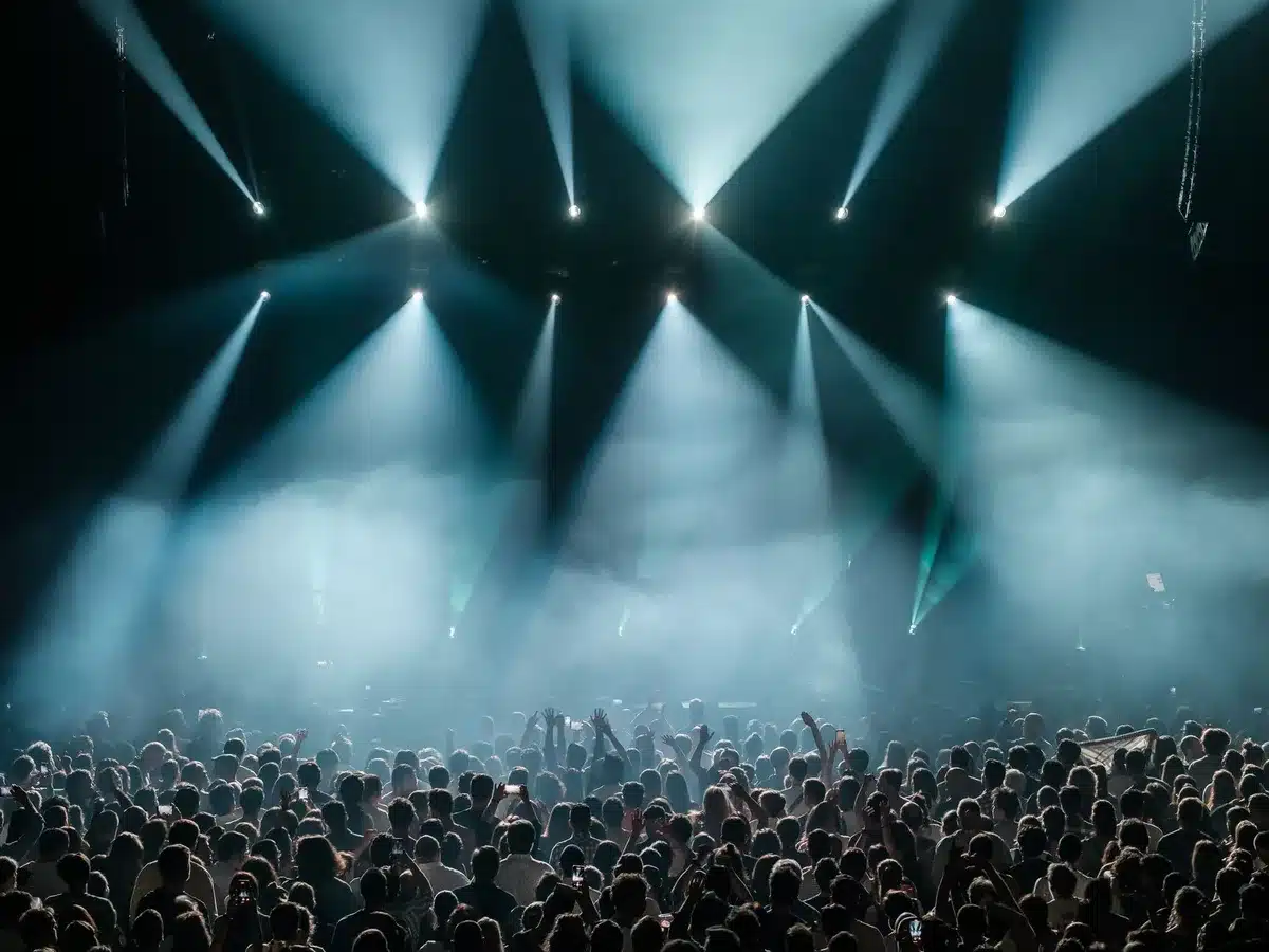Packed arena crowd with raised phone lights during a K-pop concert performance