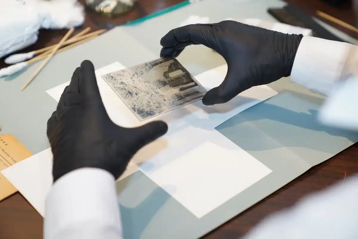 Museum archivist carefully handling and cataloging vintage photographs