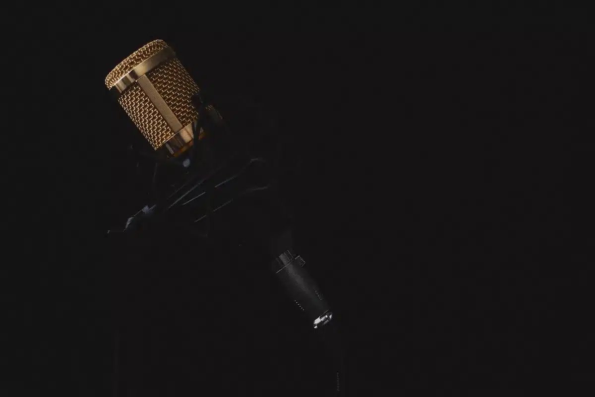 Close-up of microphone during vocal recording capturing authentic human emotion