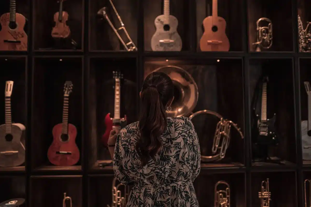 Musician-themed Barbie dolls displayed as collectible figures