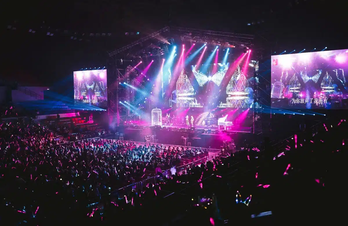 Performer introducing a surprise guest on stage at an arena concert