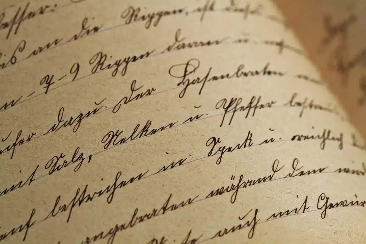 Hands flipping through historical documents and a family tree chart