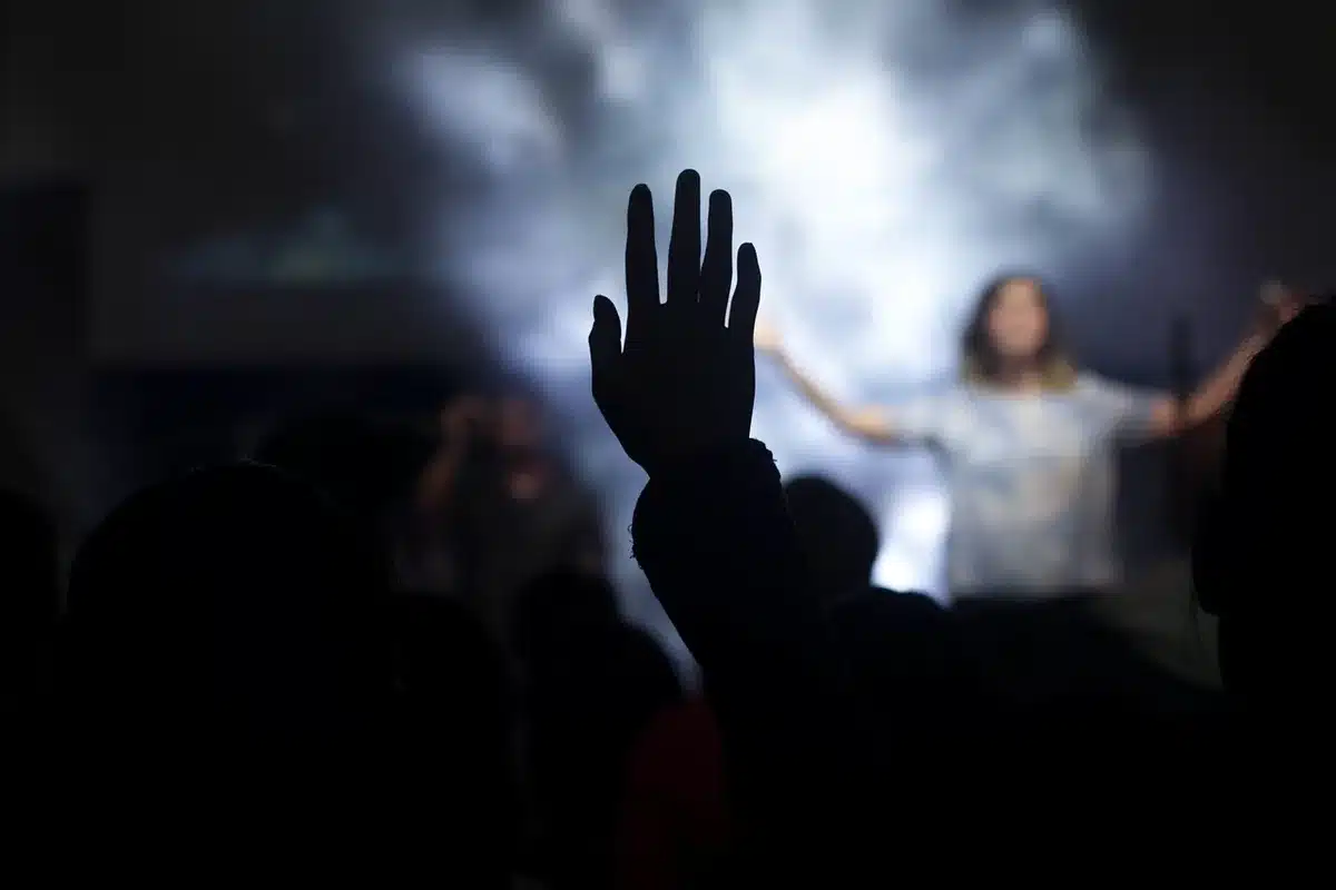 Silhouette of a performer on stage taking in an applauding crowd