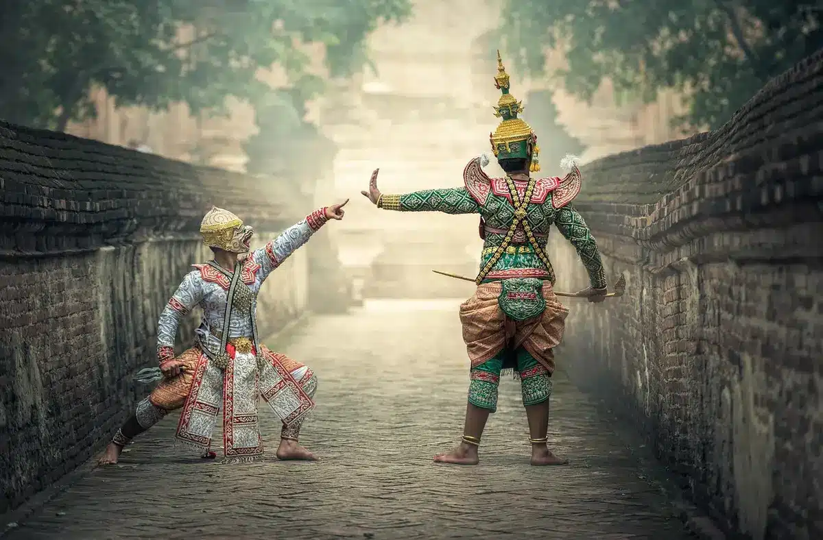 Cinematic hotel corridor with a performer walking past doors