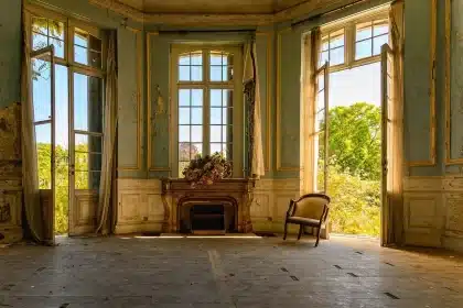 Two empty chairs on a film set with scattered scripts and soft lighting